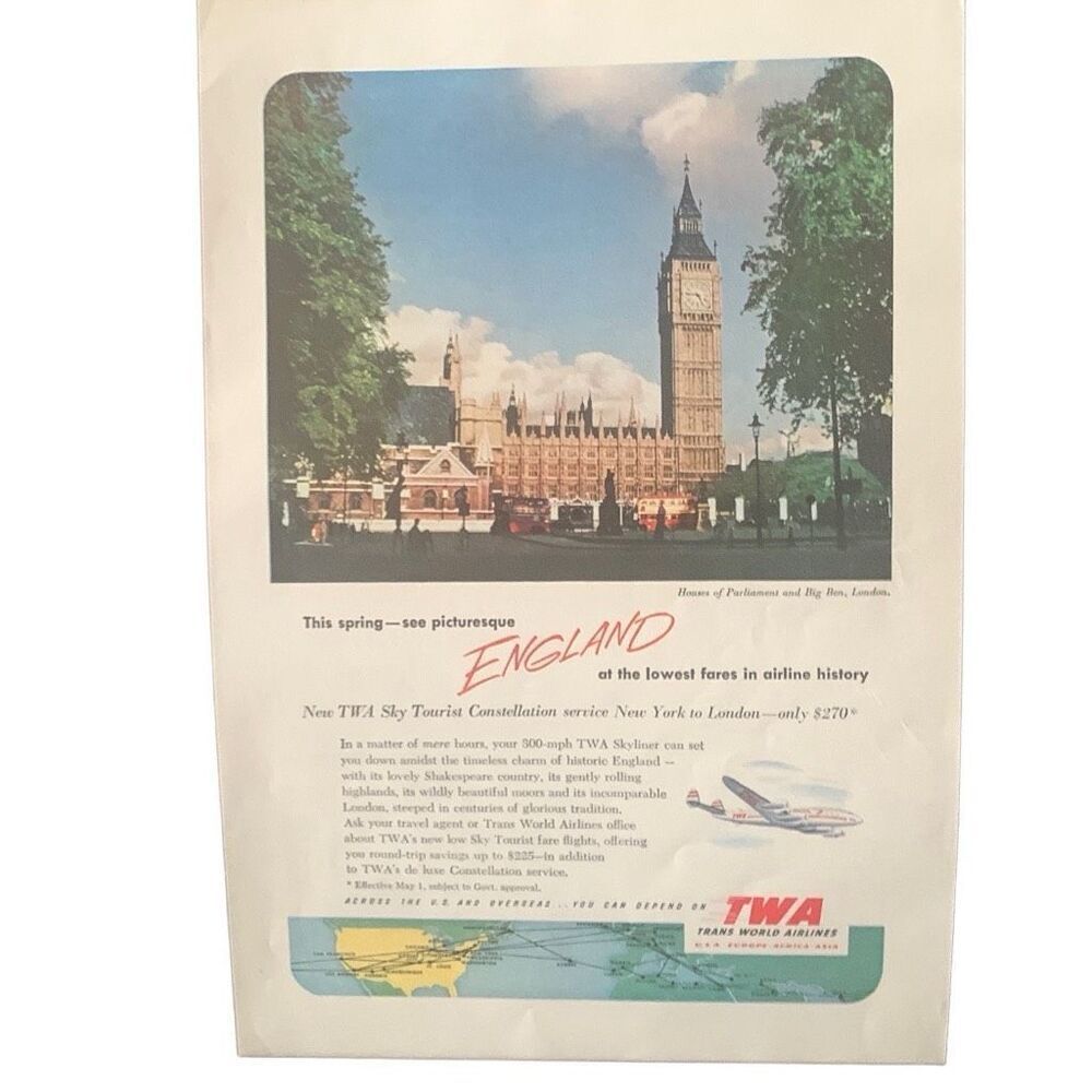 Vintage 1952 TWA Sky Tourist Constellation Ad Advertisement